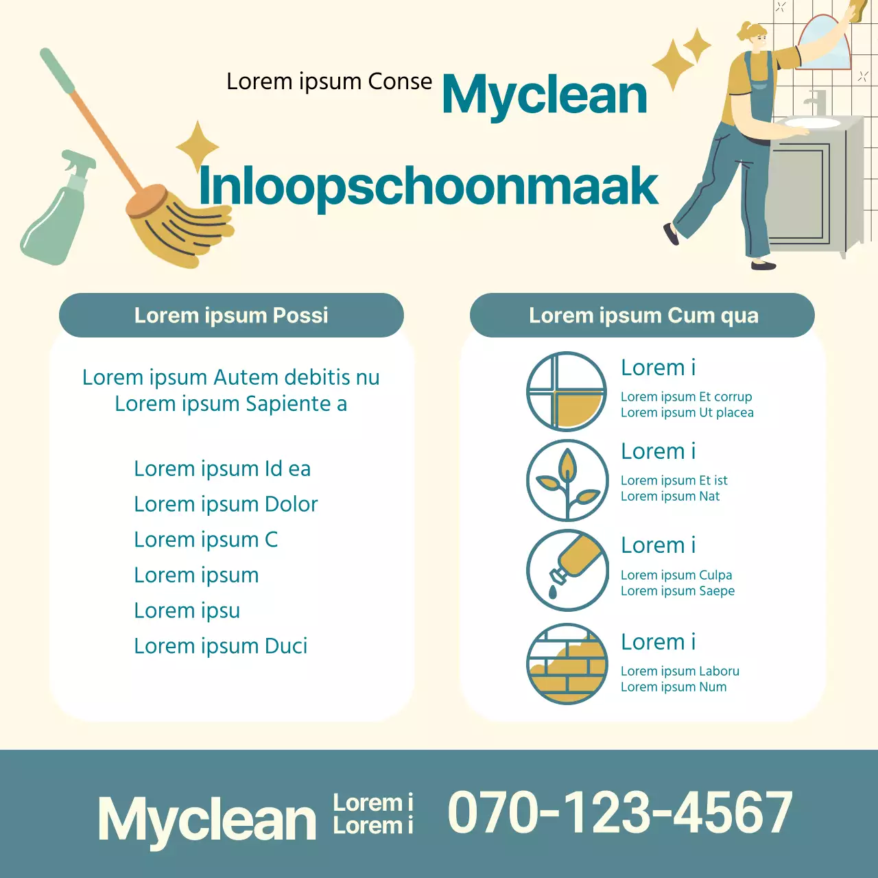 Blauw met gele illustratie ter promotie van een opgeruimde schoonmaakservice voor verhuizingen