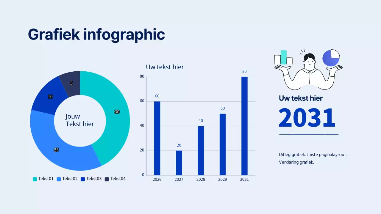 Donutgrafiek en verticale staafdiagram infographic met blauwe en lichtblauwe grafiekillustraties