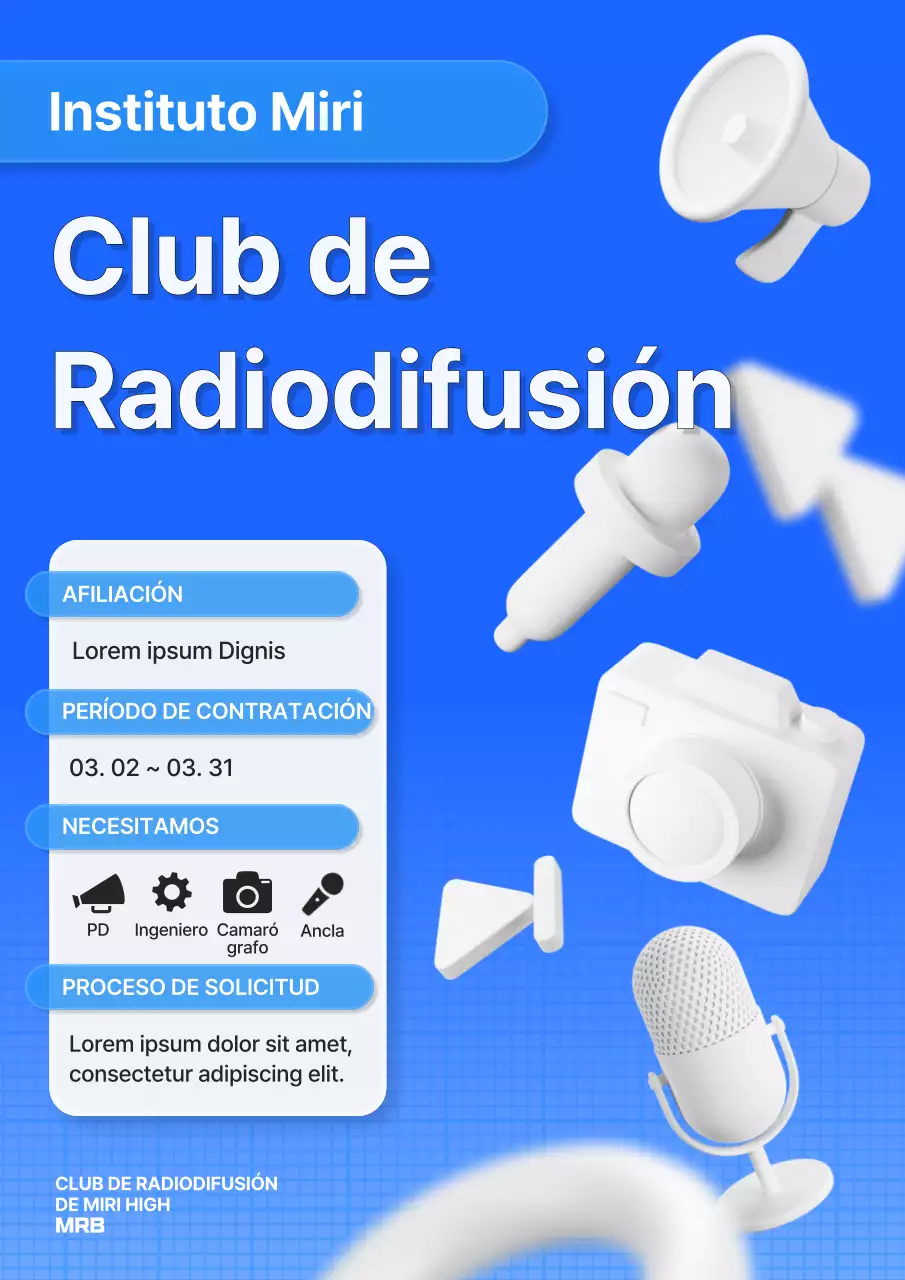 Reclutamiento de nuevos miembros de un club de radiodifusión de instituto con texto limpio en azul y blanco.