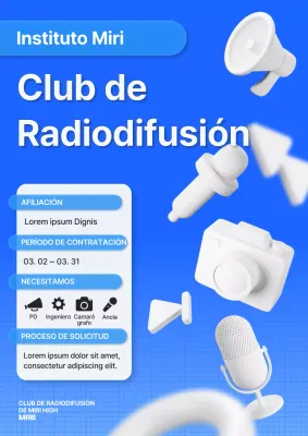 Reclutamiento de nuevos miembros de un club de radiodifusión de instituto con texto limpio en azul y blanco.