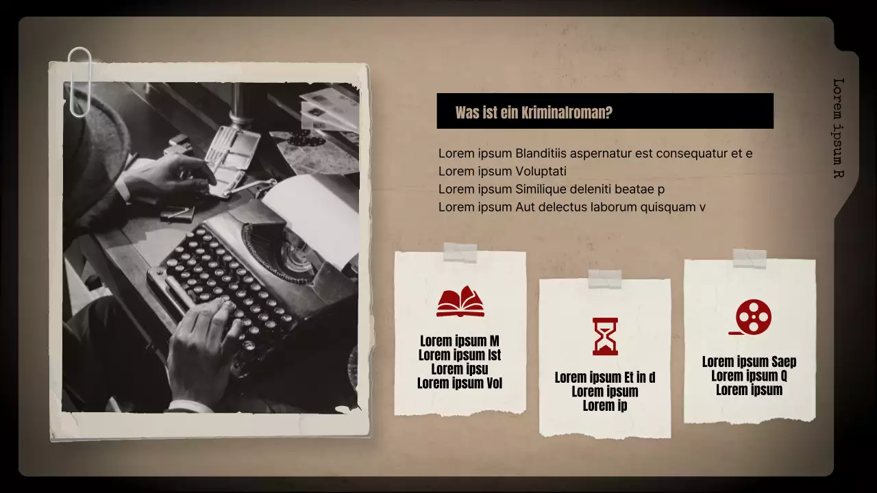 Analyse von Kriminalromanen mit schwarzem Hintergrund und braunen Aktenschränken