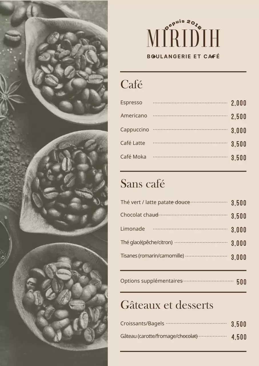 Affiche de menu de café avec photos dans des tons chauds de beige
