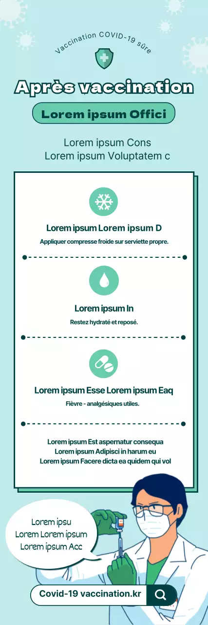Instructions illustrées bleu clair et vert pour la vaccination contre le coronavirus