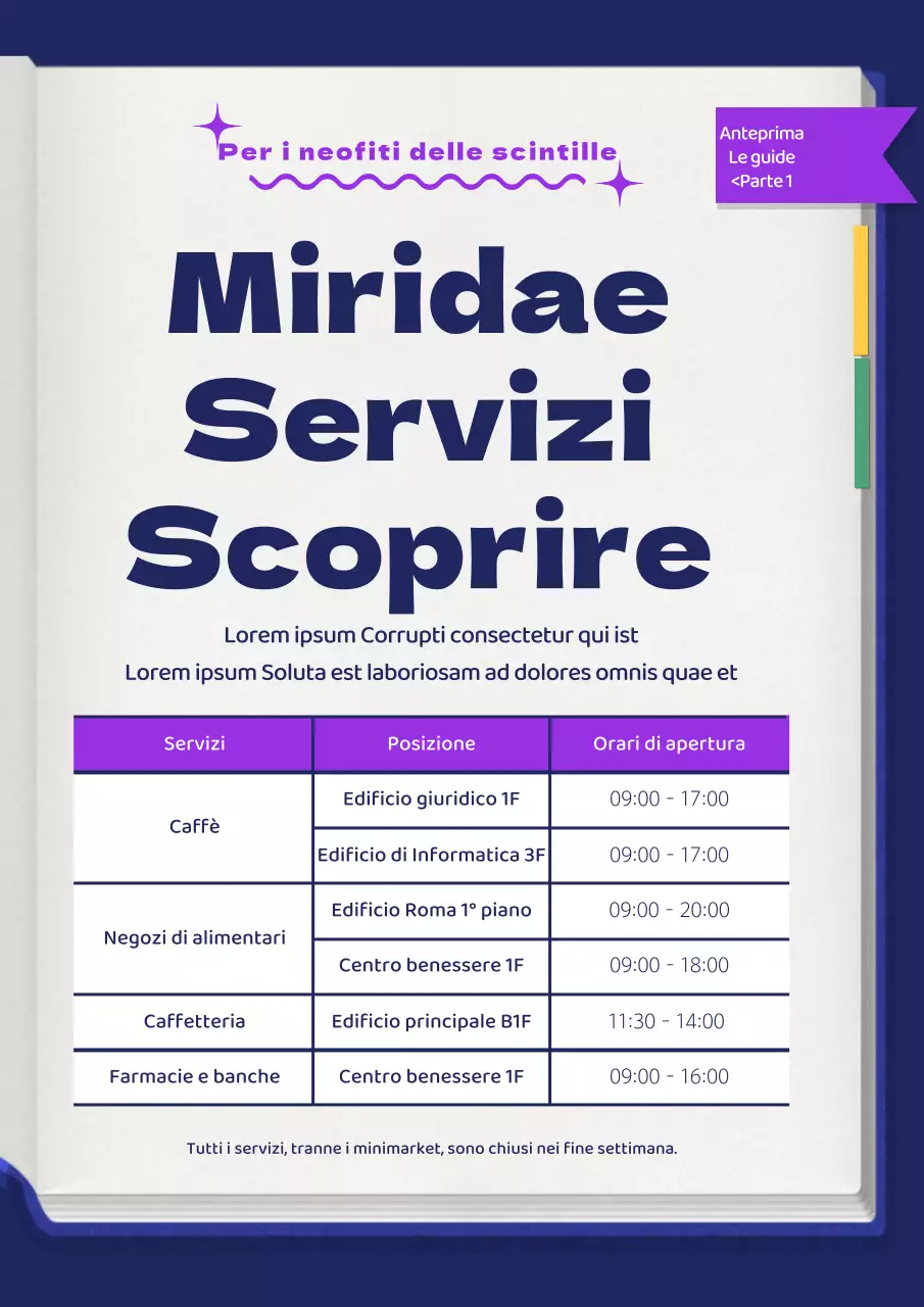 Annunci semplici sulle strutture del campus in viola e blu navy