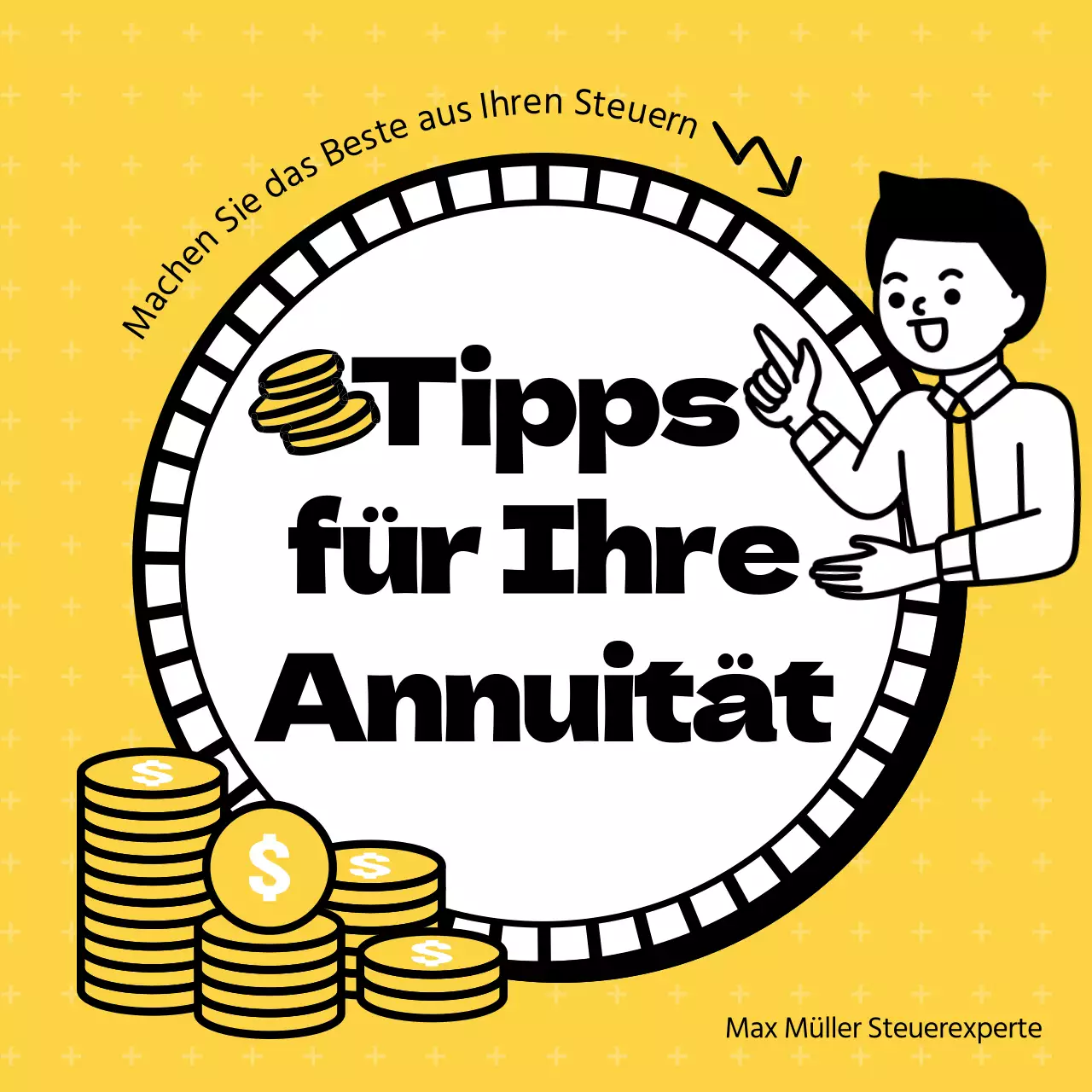 Klare, gelbe Illustrationen zeigen Steuerspartipps für Rentner