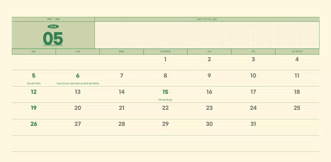 SAT Calendario de pared con concepto de bloc de notas del día D en verde y amarillo claro