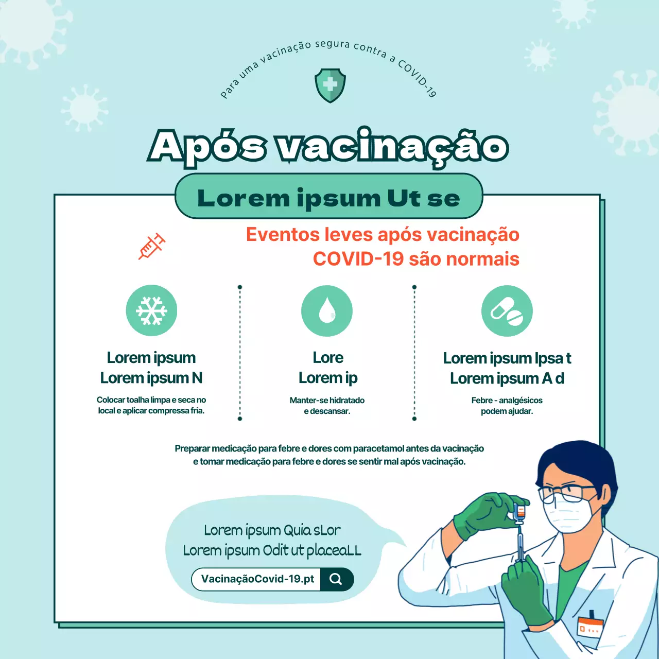 Instruções ilustradas de vacinação contra o coronavírus em azul claro e verde