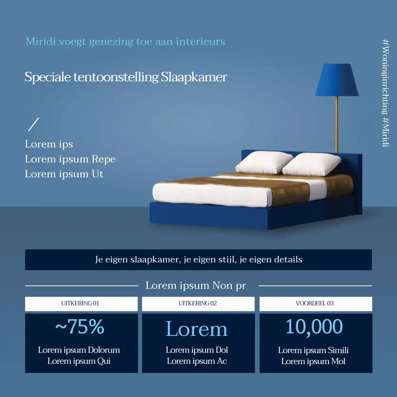 Promoot een evenement met blauwe fotografie en schoon meubilair