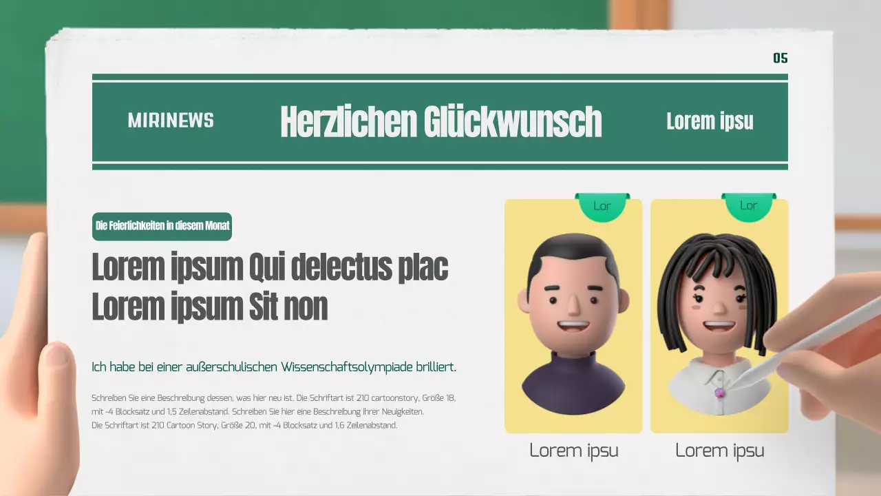 Unsere Klassenzeitung in grün und gelb, 3D stereoskopisch