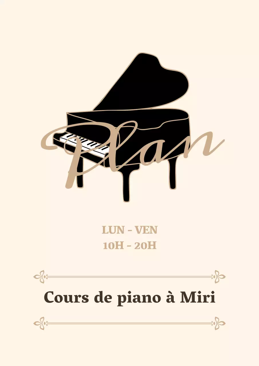Logo promotionnel d'une école de piano dans un style cursif émotionnel en jaune clair et marron.