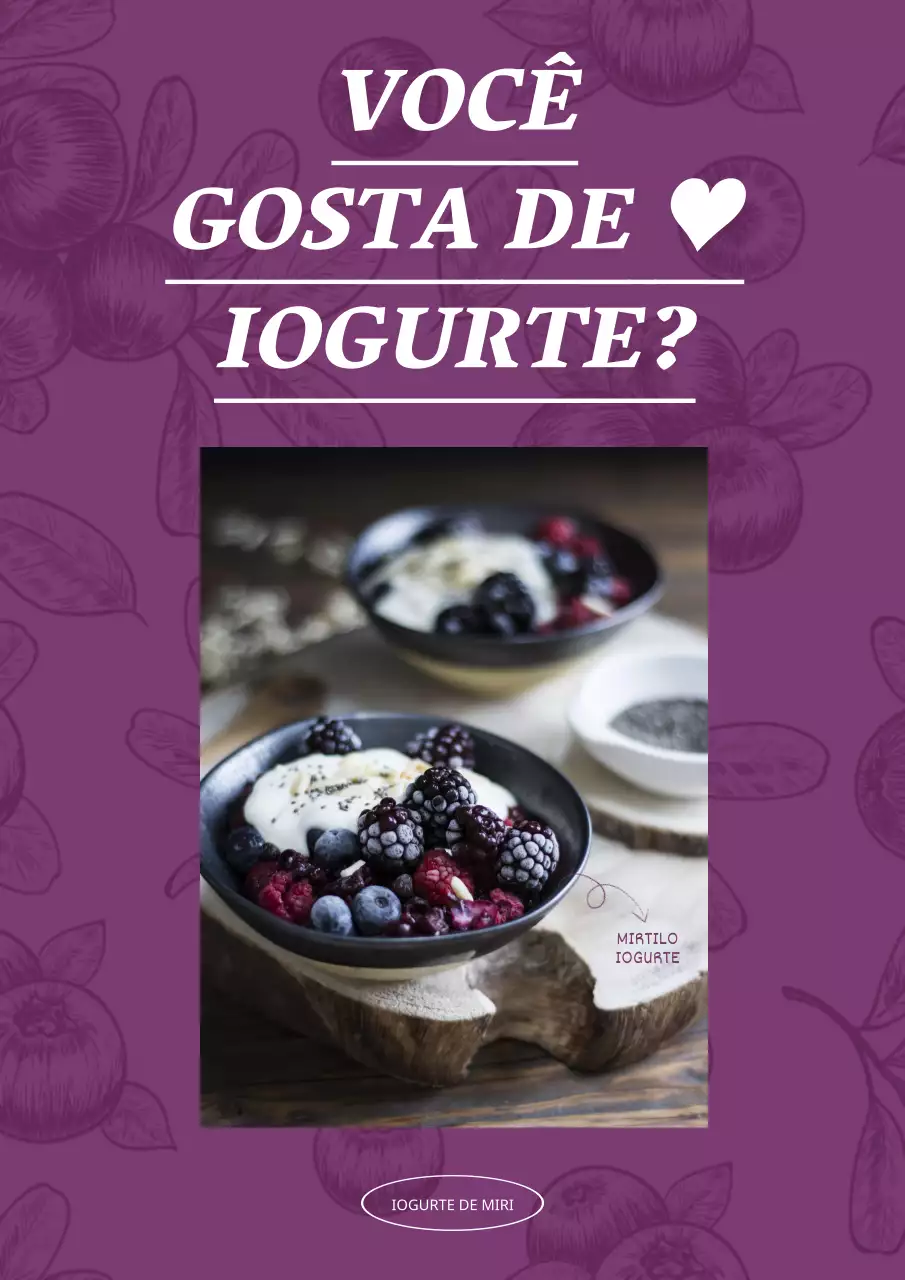 Cartaz promocional de iogurte simples com fundo de desenho de mirtilos roxos