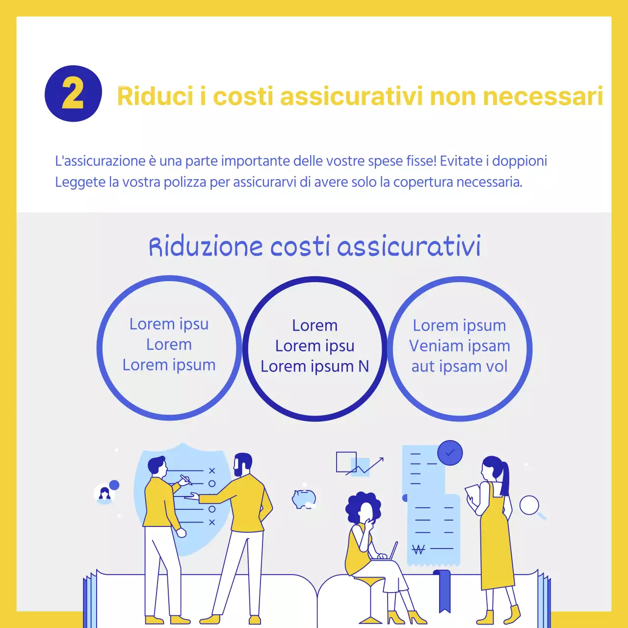 Semplici consigli finanziari spiegati in blu e giallo