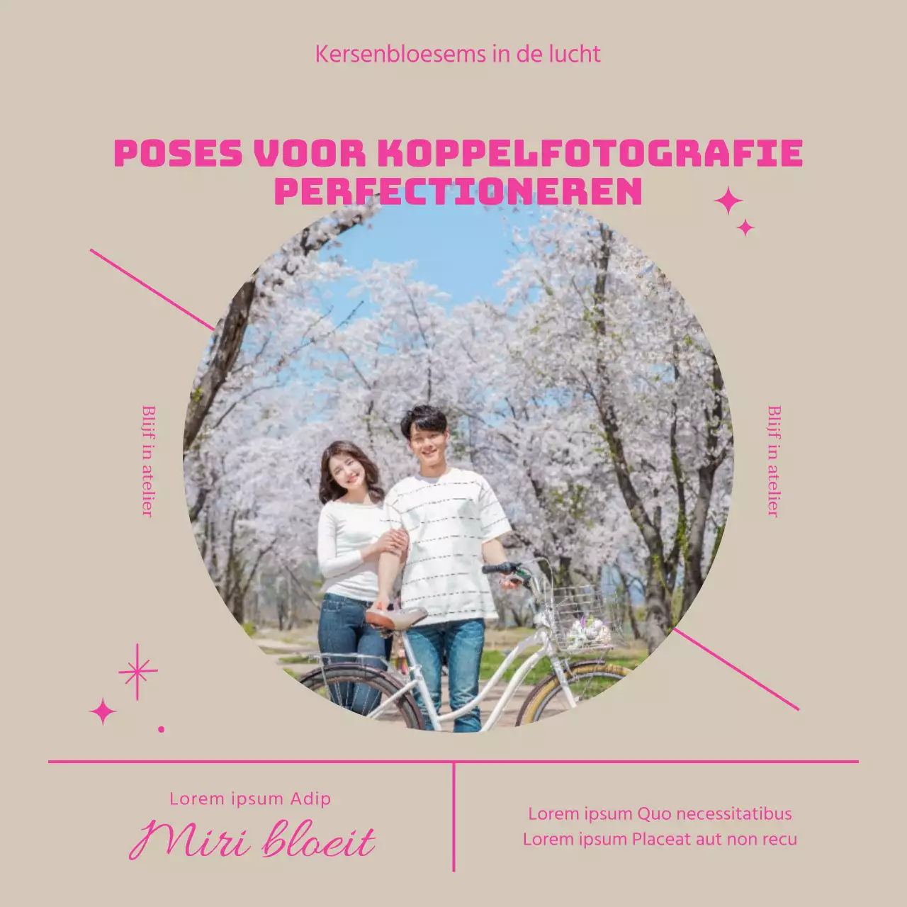 Hoe te poseren voor een vrolijk kersenbloesempaar met roze letters