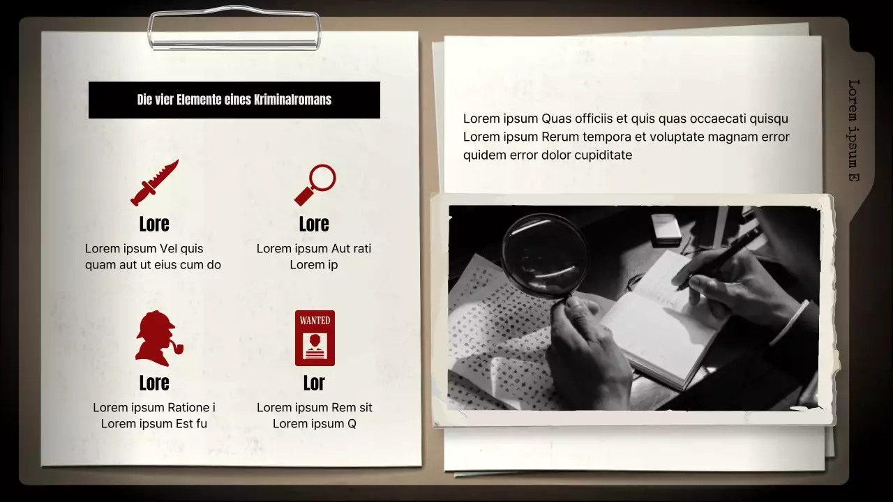 Analyse von Kriminalromanen mit schwarzem Hintergrund und braunen Aktenschränken