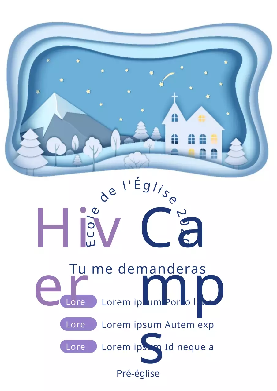 Affiche verticale du camp d'hiver de l'église blanche