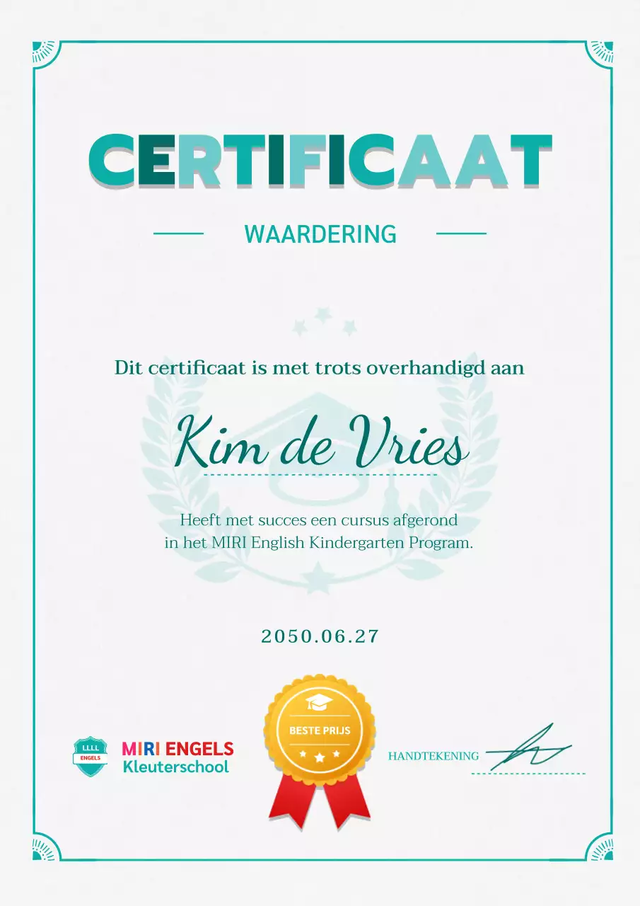 Eenvoudig Engels kleuterschoolcertificaat in mint