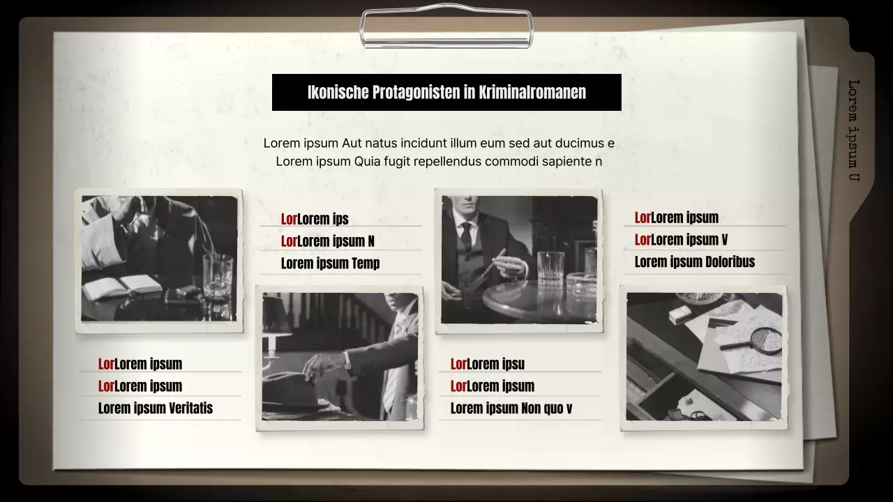 Analyse von Kriminalromanen mit schwarzem Hintergrund und braunen Aktenschränken