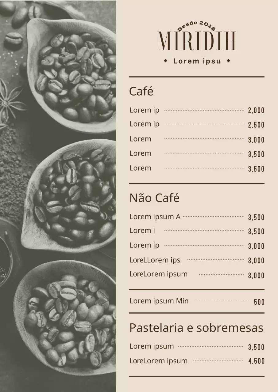 Cartaz de menu de café com fotografias em tons quentes de bege