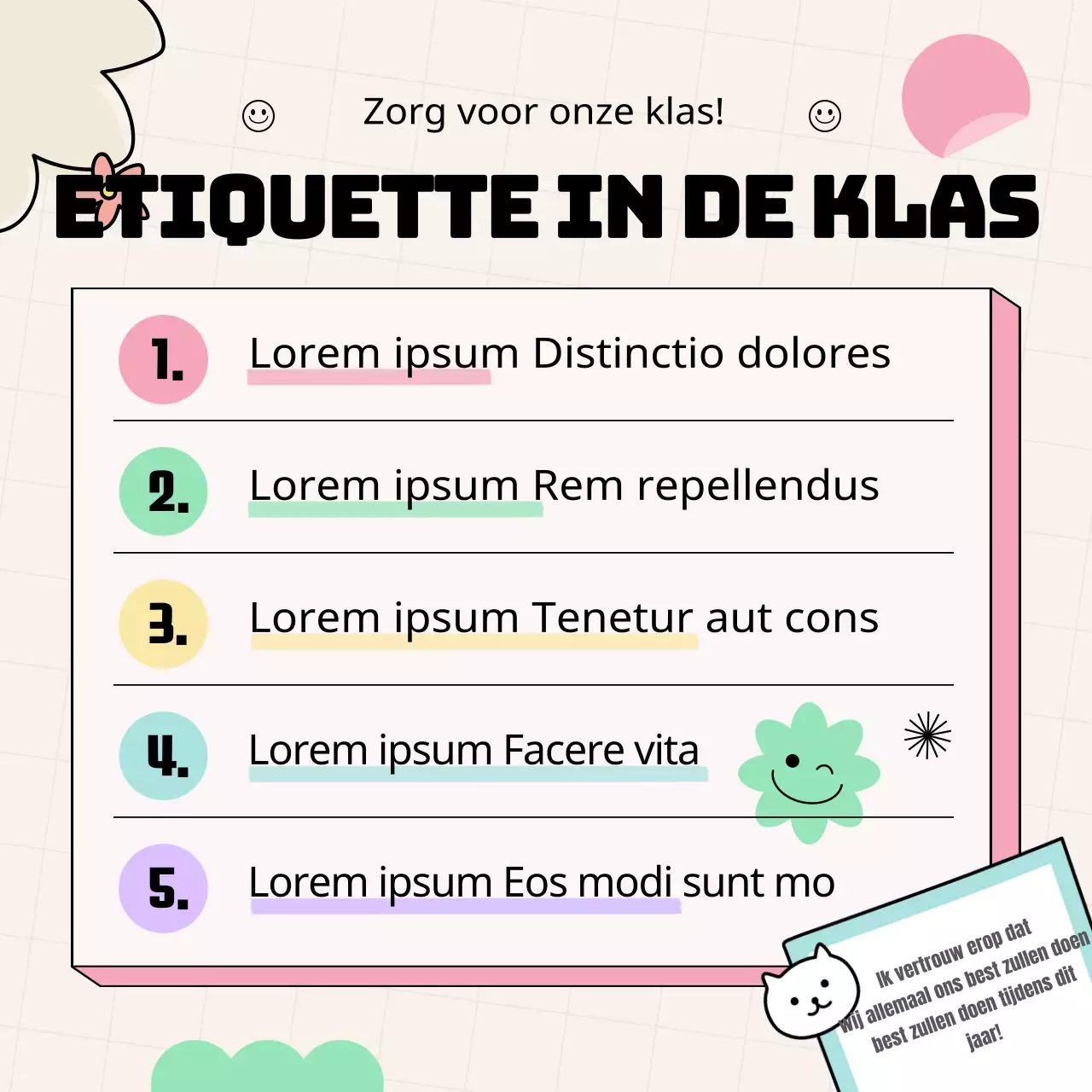 Promotiemateriaal voor klassenregels met gele en kleurrijke leuke graffiti