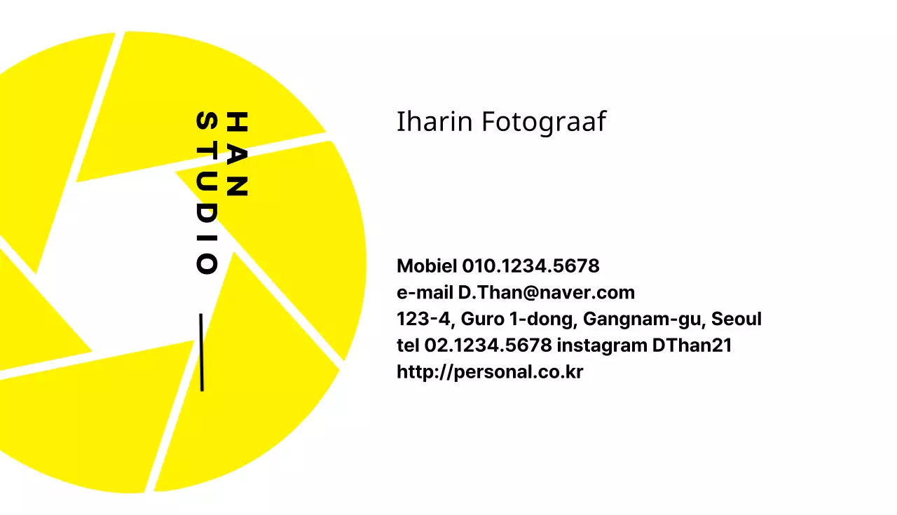 Visitekaartje van fotograaf met geel en wit diafragma-icoon van camera