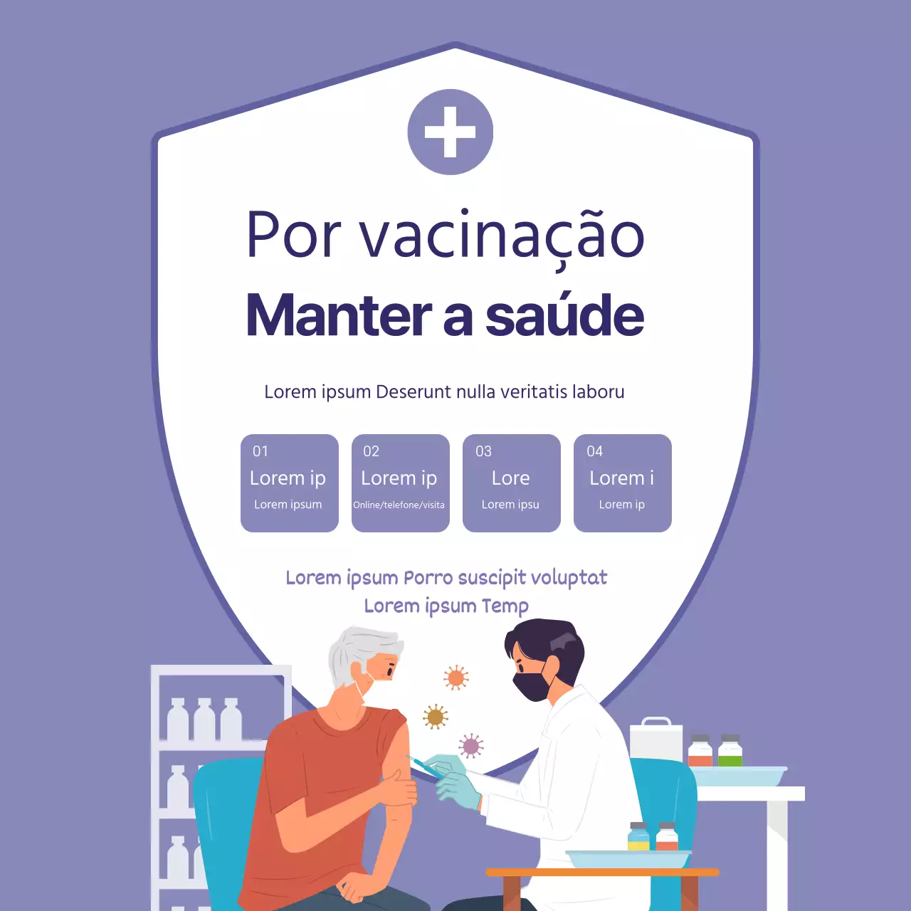 Promoção de vacinas limpa com ilustrações a roxo