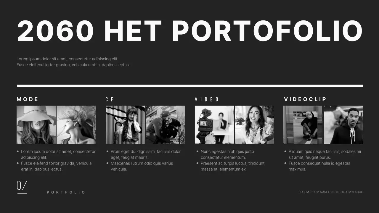 Een strak en modern bedrijfsprofiel van een modellenbureau in zwart.