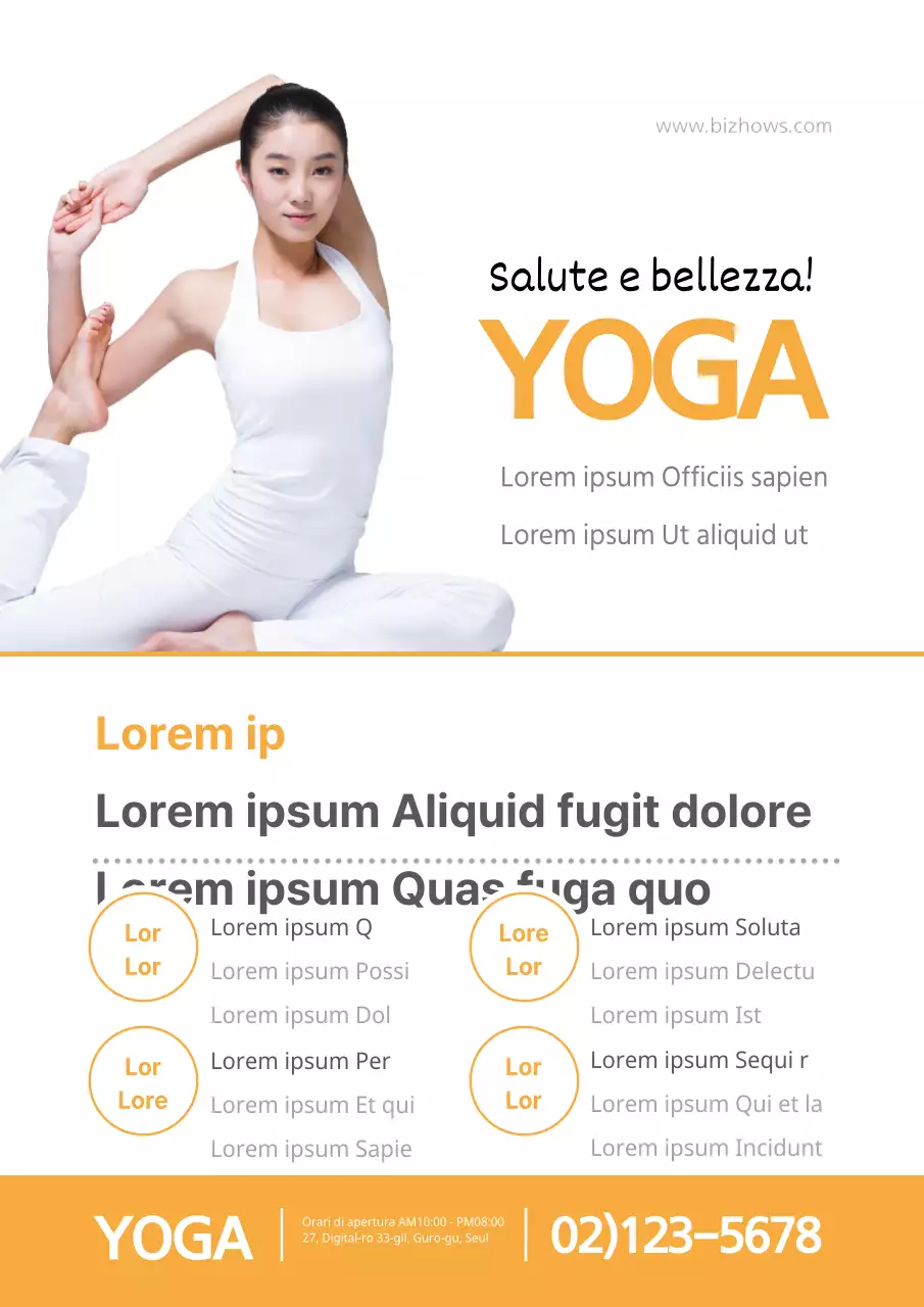 Promozione di una scuola di yoga con parole chiave arancioni e bianche per la salute e la bellezza