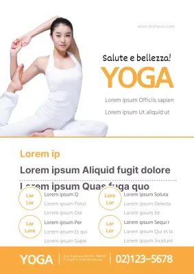 Promozione di una scuola di yoga con parole chiave arancioni e bianche per la salute e la bellezza