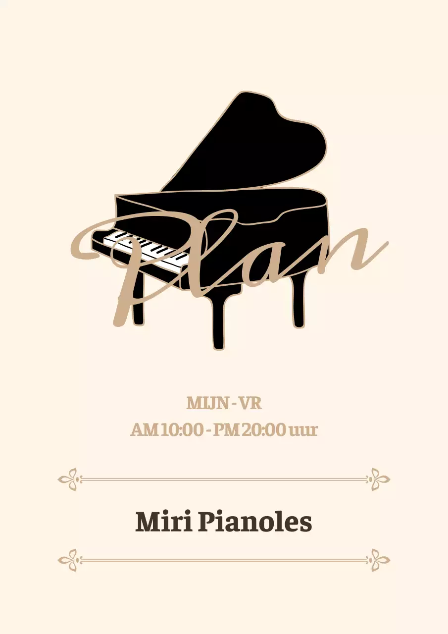 Promotionele pianoschool logo bewegwijzering in een emotionele cursieve stijl in lichtgeel en bruin.