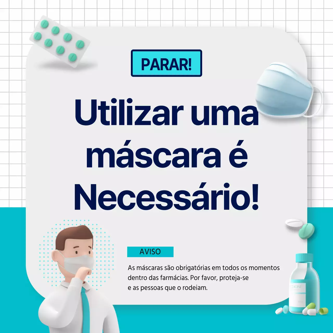 Anúncio de farmácia com um gráfico 3D de uma máscara cor de menta