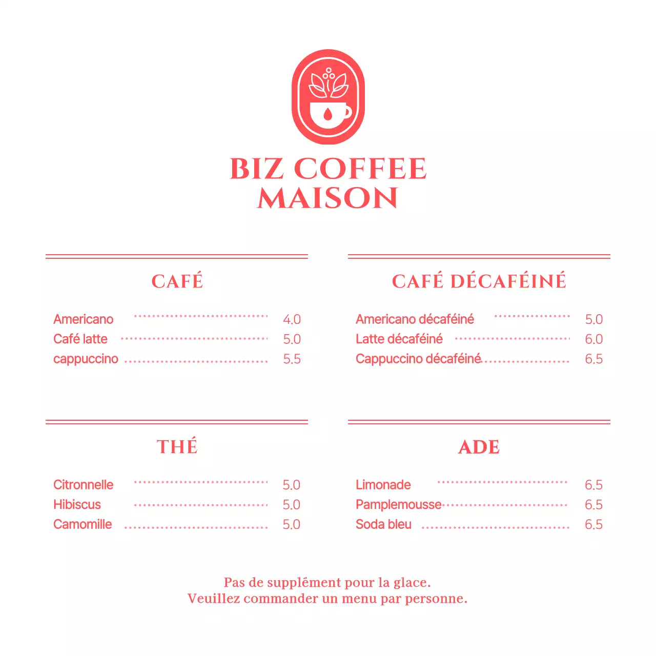 Prix des menus pour un concept simple de café rouge et blanc