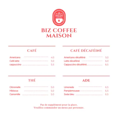 Prix des menus pour un concept simple de café rouge et blanc