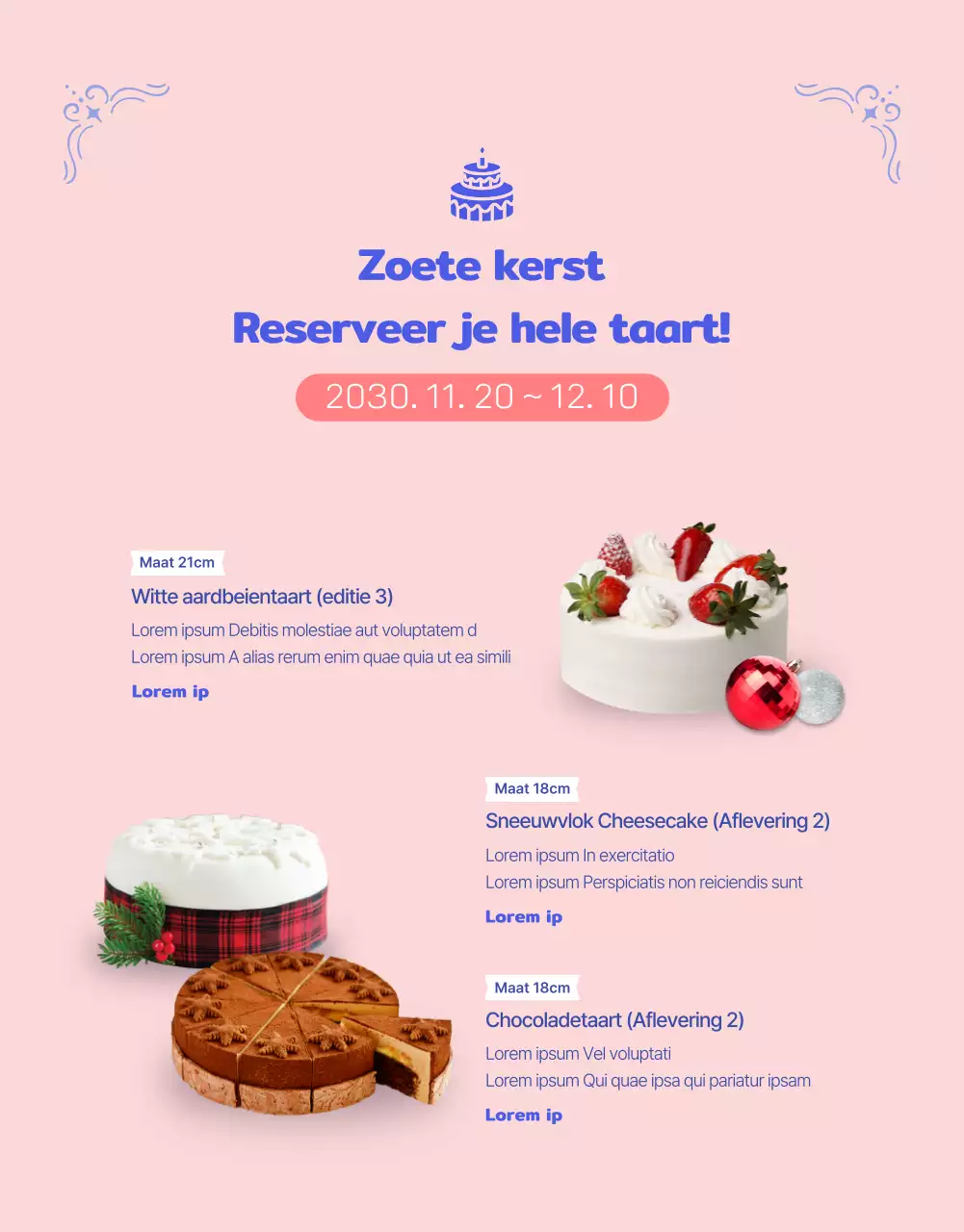 Taart pre-order giveaway met een schattig kaartontwerp in helder ultramarijn blauw