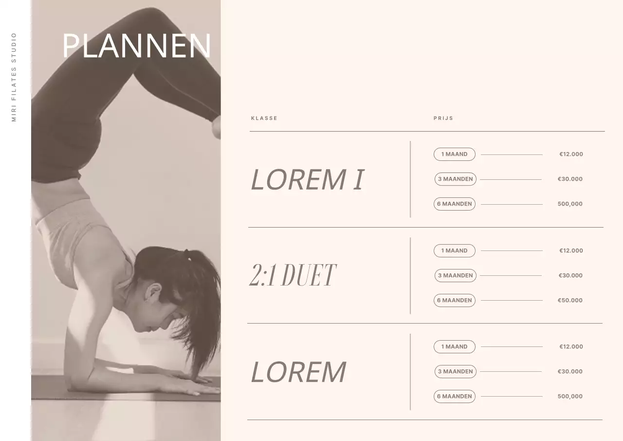 Pilates-schema met een emotionele fotolay-out in beige-bruine tinten