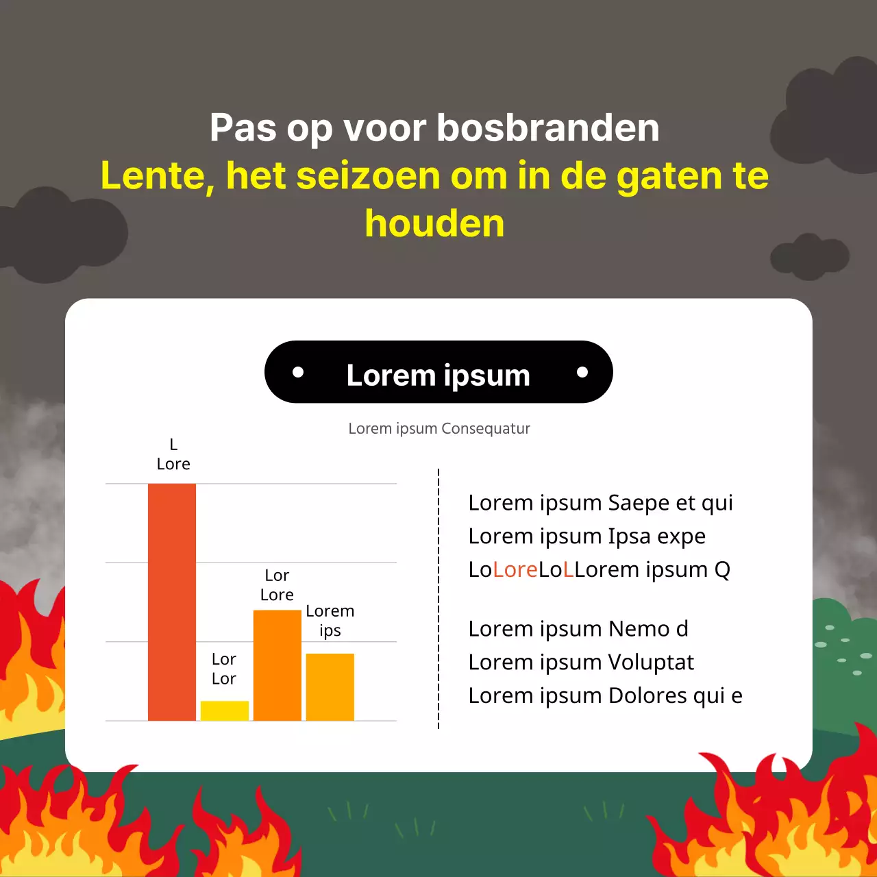 Brandveiligheidstips voor het droge seizoen bosbranden in april in oranje, rood en groen met een eenvoudige, leesbare en schattige posterachtige illustratie.