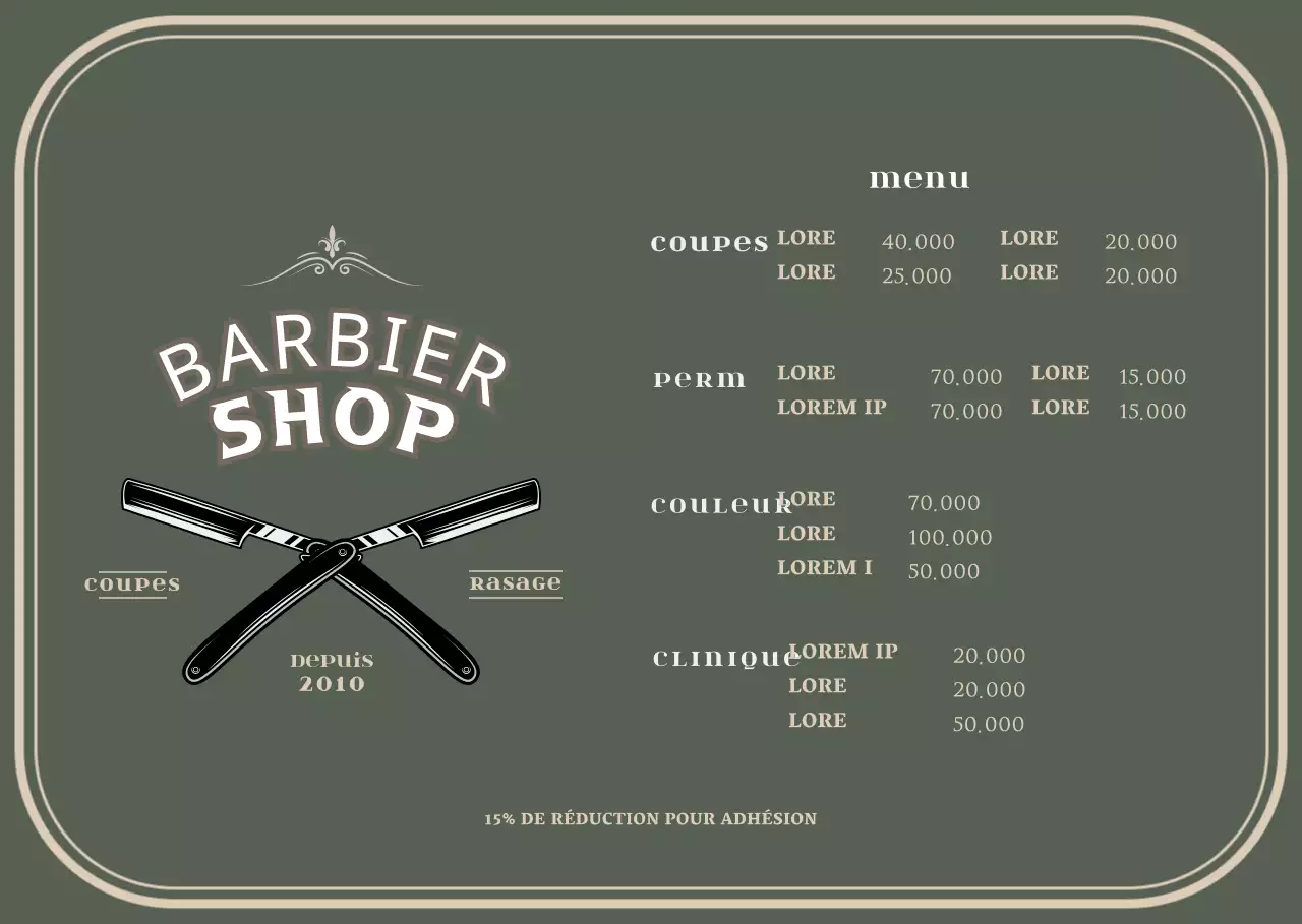 Support en acrylique pour un panneau de menu de barbier vert de style vintage