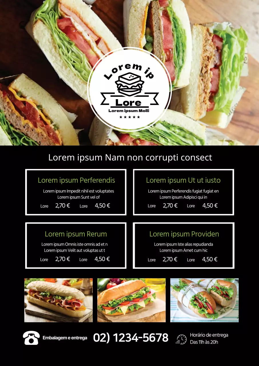 Menu de sandes de restaurante limpo com destaque para fotografia a preto