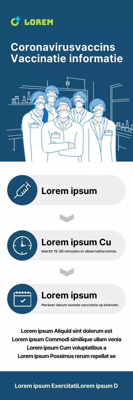 Coronavirus Vaccinatie X-banner met infografische tabellen en illustraties in marineblauwe tinten