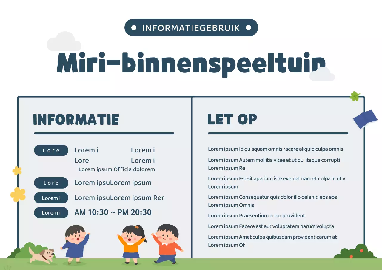 Schattige illustratiestijl in marineblauw en groen Informatie over binnenspeeltuinen
