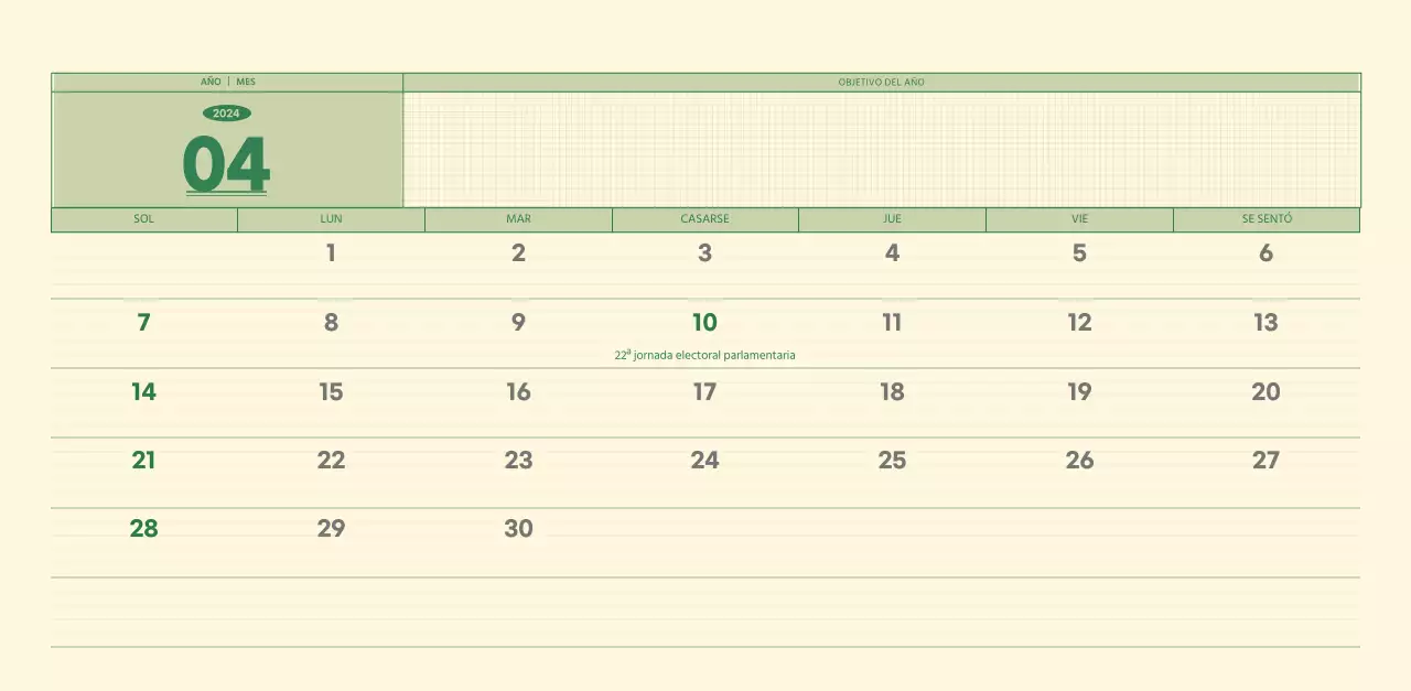 SAT Calendario de pared con concepto de bloc de notas del día D en verde y amarillo claro