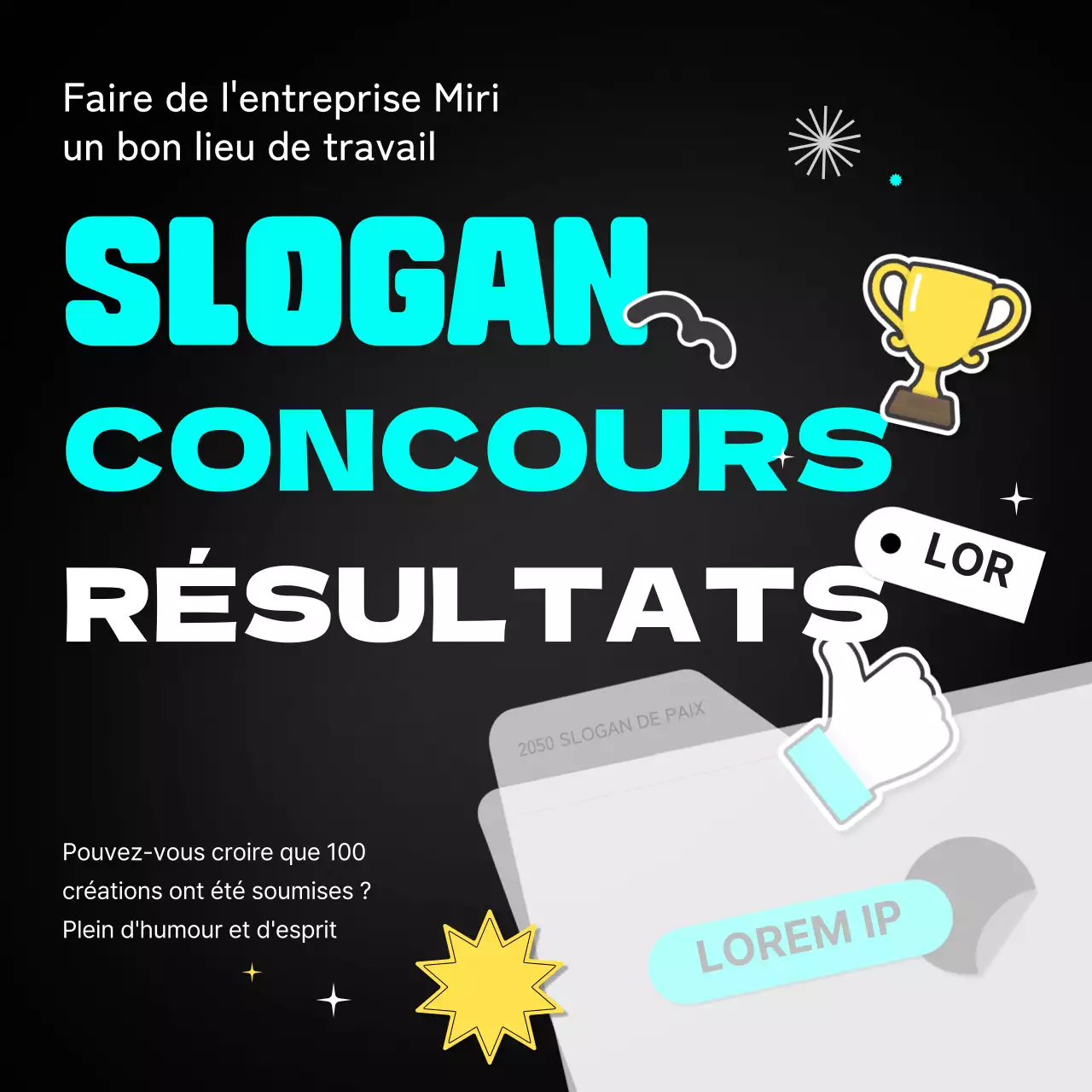 Les gagnants du slogan sont annoncés en noir et blanc avec des points bleu clair et jaunes CardNews