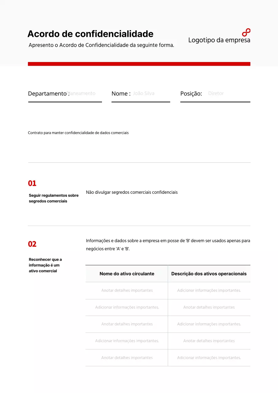Acordo de confidencialidade comercial com uma simples tabela vermelha