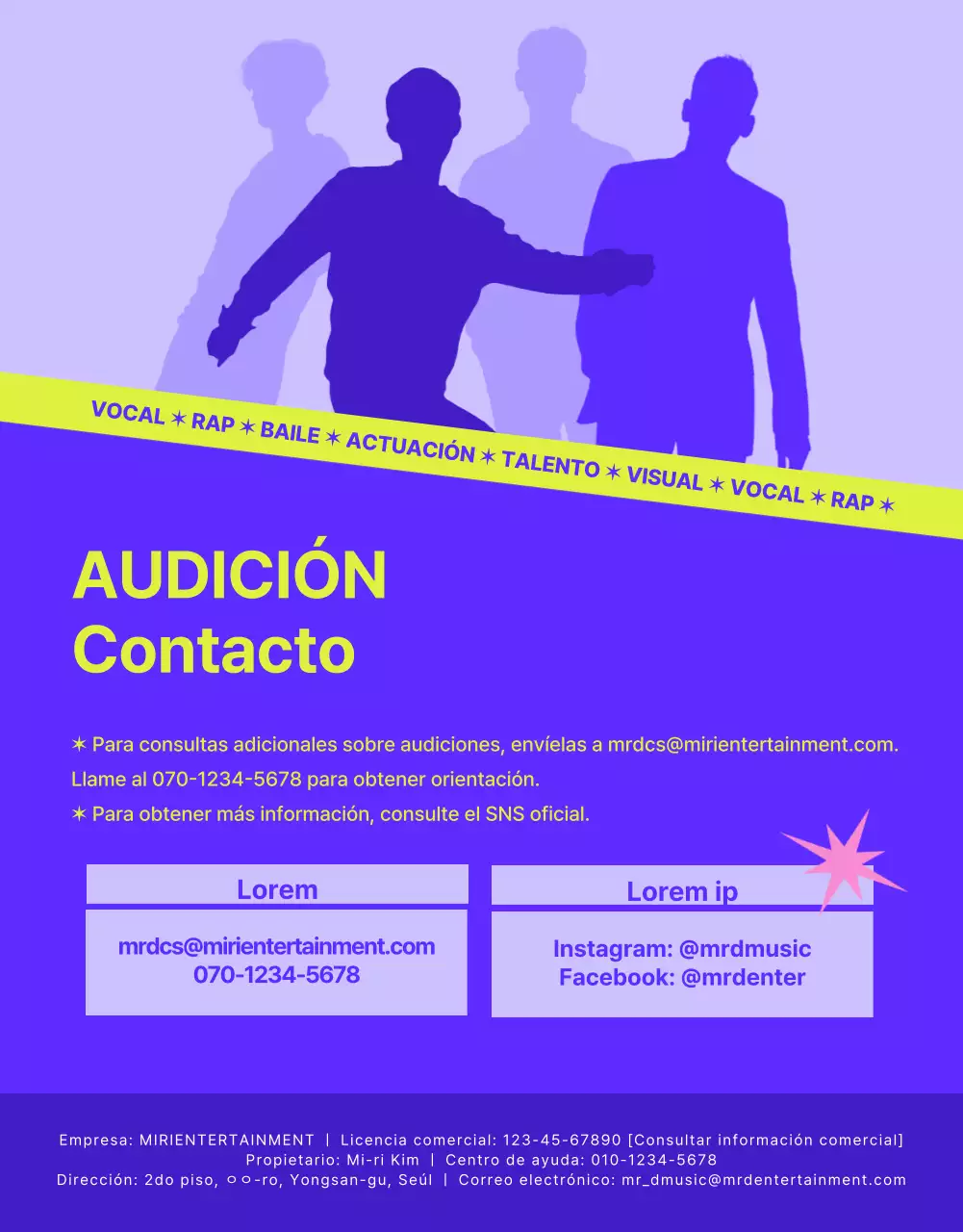 Anuncio de audición para un concepto informal en morado y verde lima.