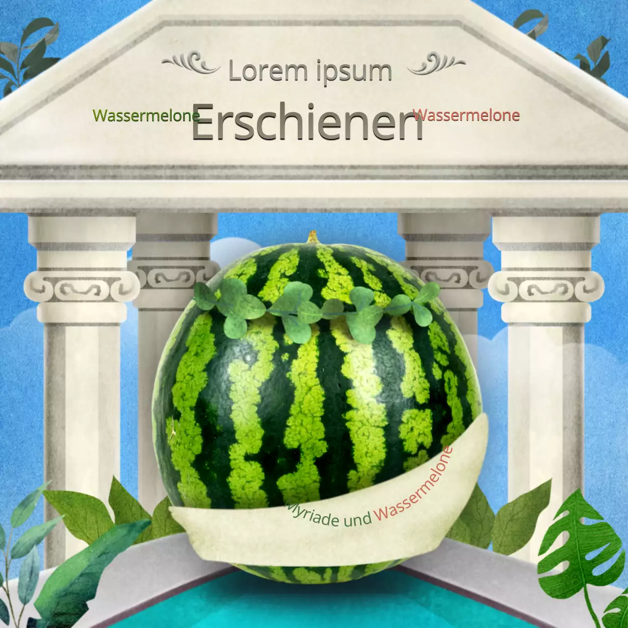 Werbung für Sommerfrüchte der Saison mit einem aquarellierten Tempelkonzept