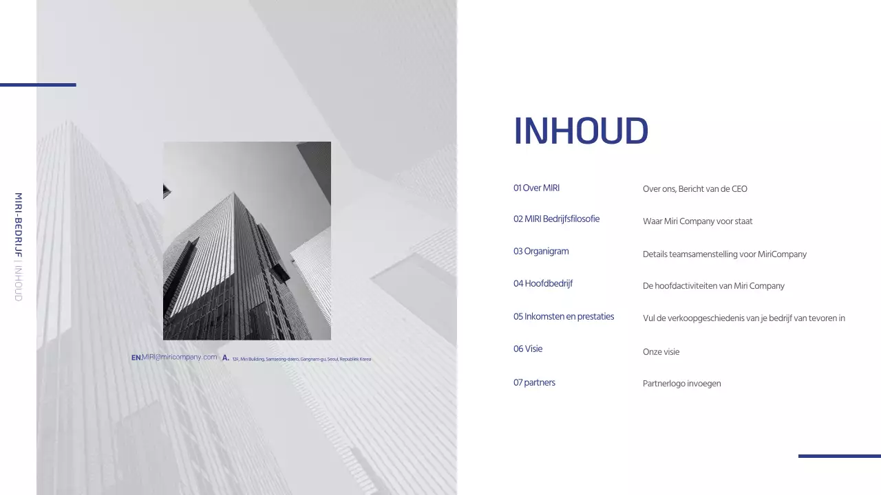 Een eenvoudig bedrijfsprofiel in marineblauw en grijs