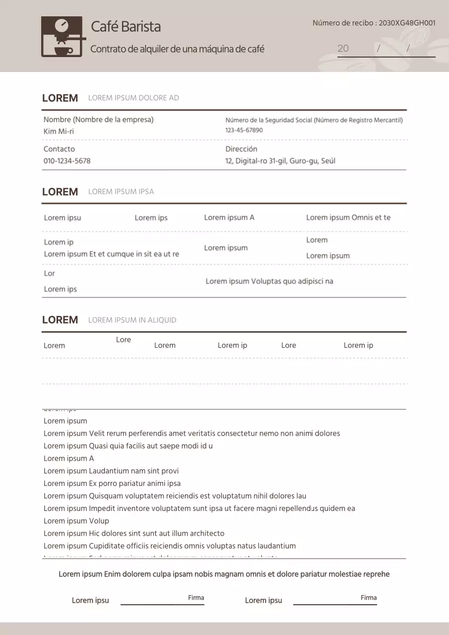 Contrato de alquiler de una máquina de café sencilla en beige y marrón