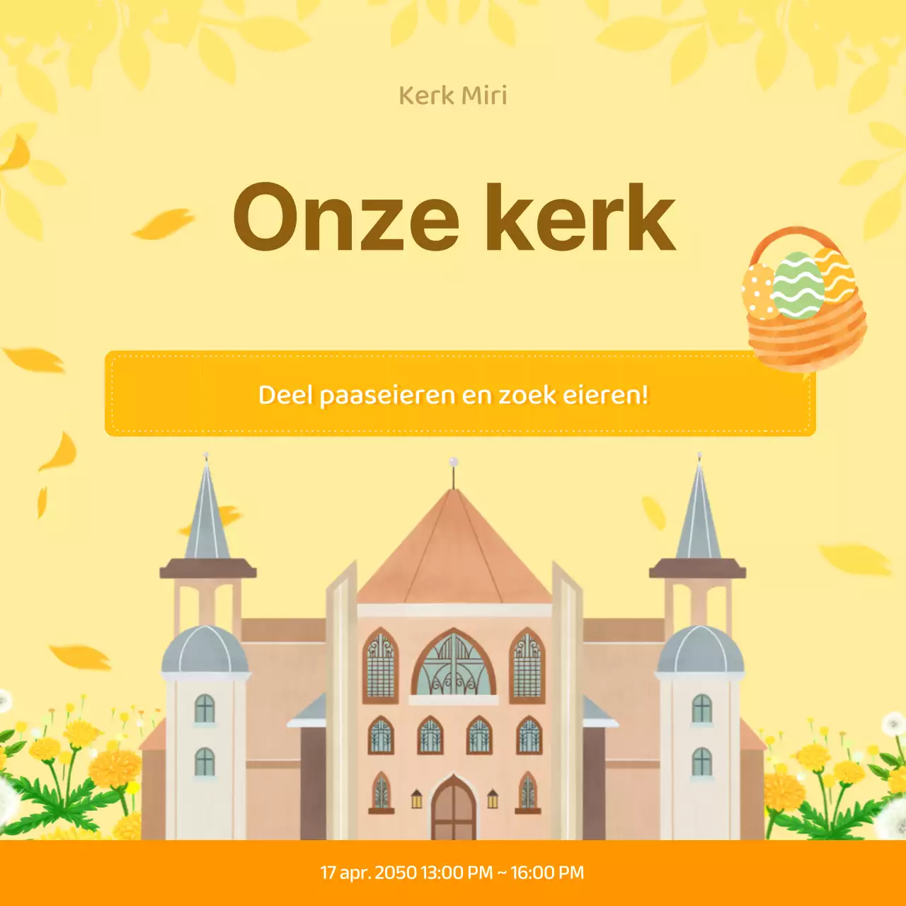 Paas- en eibeschrijving en kerkuitnodiging met gele bloemenachtergrond