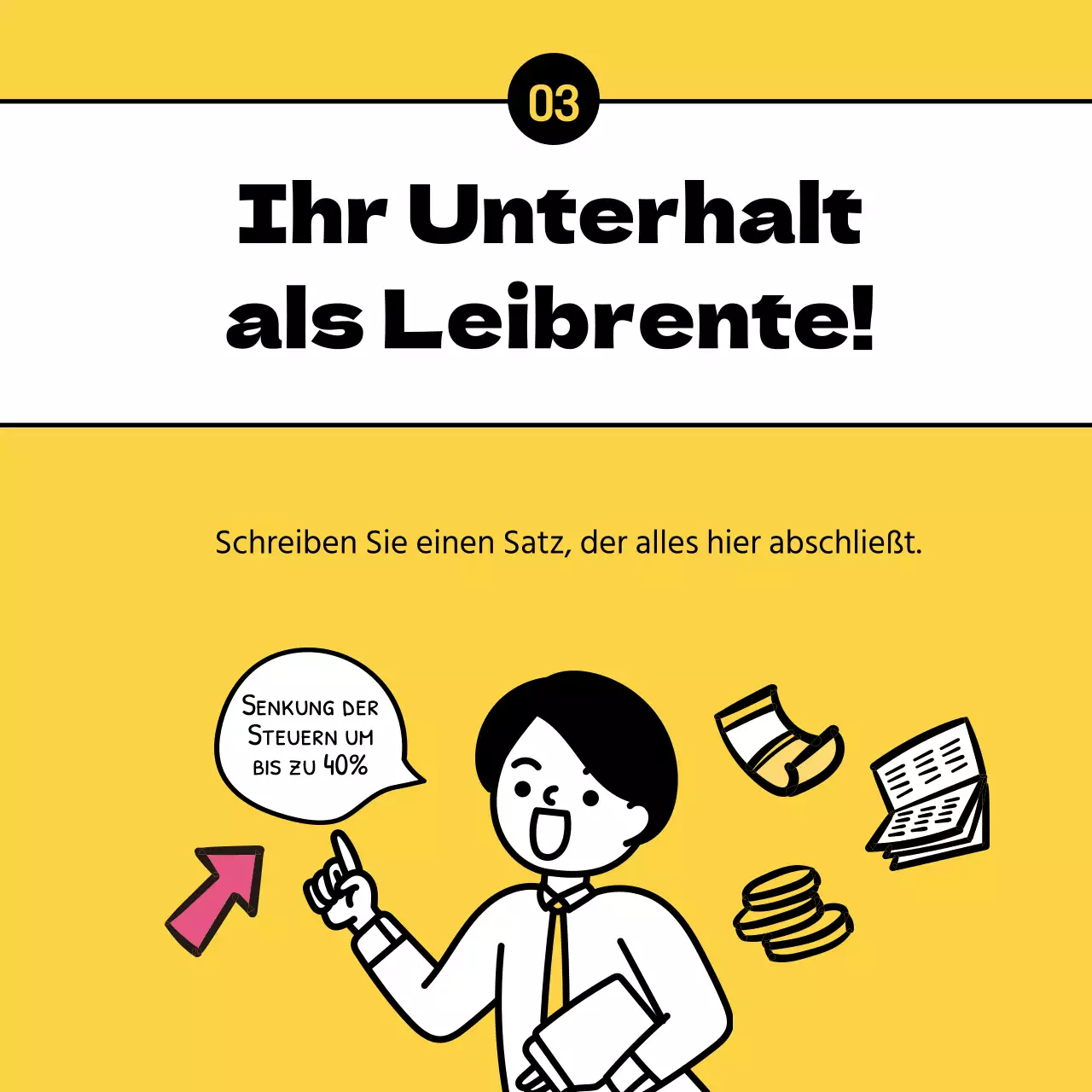 Klare, gelbe Illustrationen zeigen Steuerspartipps für Rentner