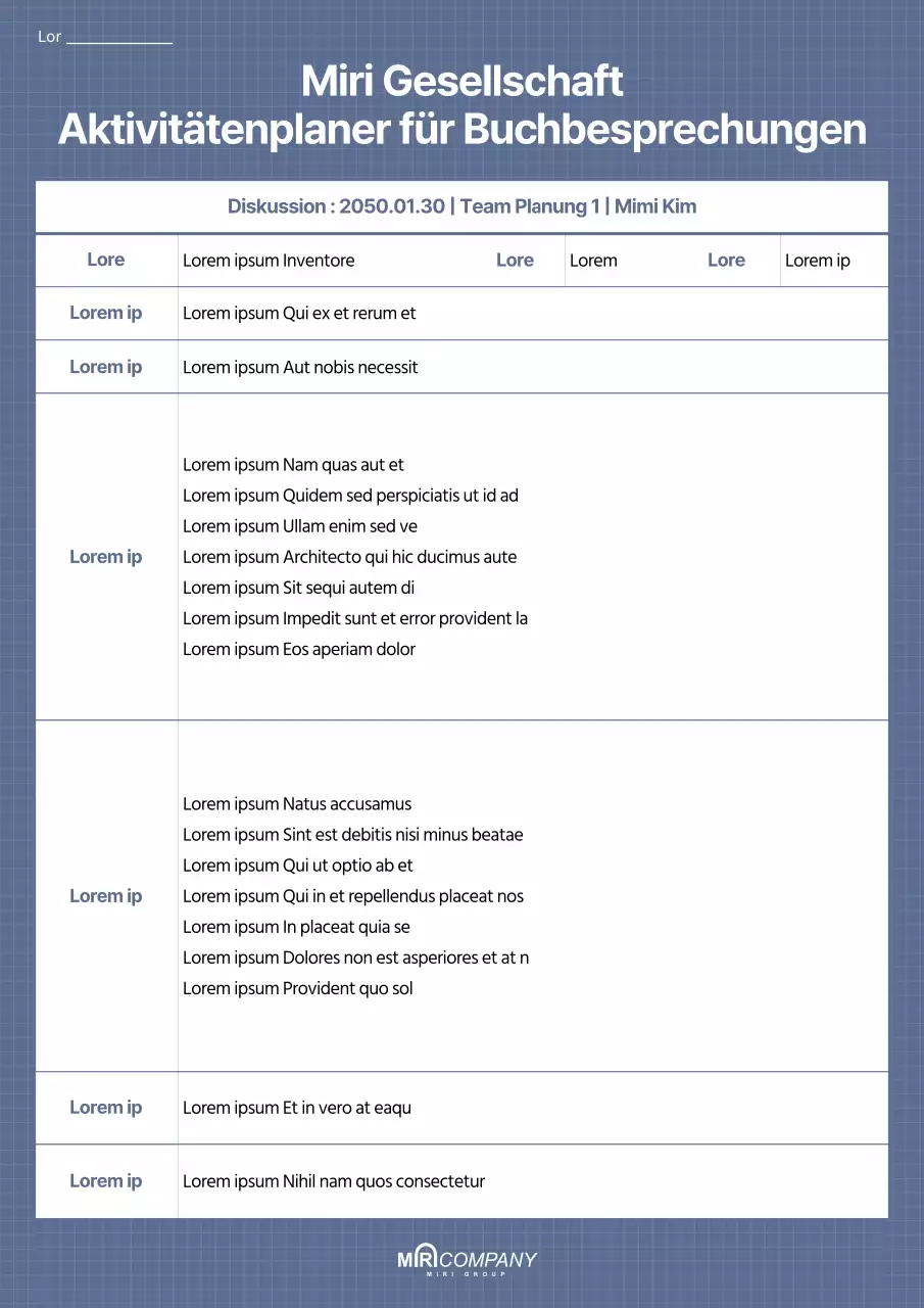 Aktivitätenplan für Buchbesprechungen in beruhigenden Blautönen und Gittern