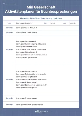 Aktivitätenplan für Buchbesprechungen in beruhigenden Blautönen und Gittern